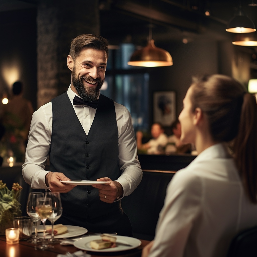 Uśmiechnięty kelner obsługuje klientkę
